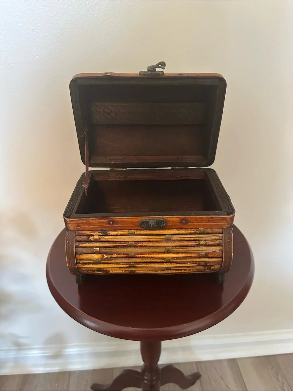 Vintage Handmade Jewelry Chest Bamboo, Wood, Metal. 7”